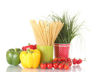 green onion and spaghetti in cups, paprika and tomatoes cherry