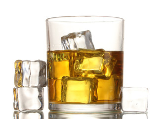 glass of whiskey and ice isolated on white