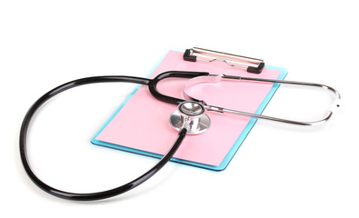 Stethoscope and blank clipboard isolated on white