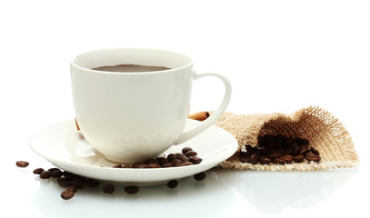 cup of coffee and beans isolated on white