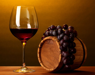 In wine cellar. Composition of wine bottles and runlet
