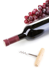 Bottle of great wine and corkscrew isolated on white