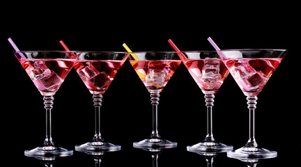 Red cocktail in martini glasses isolated on black
