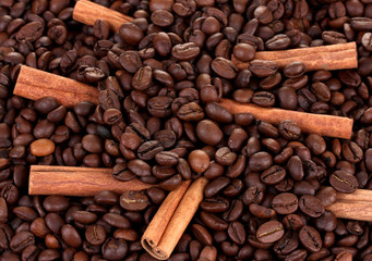 Coffee beans and cinnamon close-up