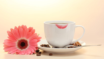 Fototapeta na wymiar cup of coffee with lipstick mark and gerbera beans, cinnamon