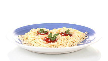 Italian spagetti cooked with tomato sauce in a blue plate