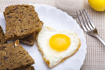 breakfast - sponge cake and heart shaped egg