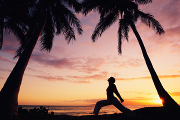 Silhouette of a Beautiful Yoga Woman at Sunset