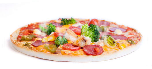 Fresh fresh pizza with chicken and broccoli on white background