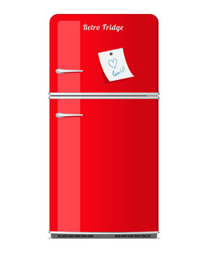 Red retro fridge with paper note. Vector illustration.