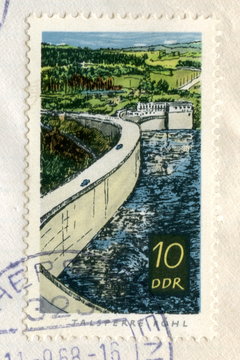 Canceled german stamp "Pöhl dam"