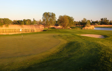 Fototapeta na wymiar pole golfowe z zielona trawa i drzewa na błękitnym niebie