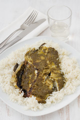 fish with sauce pesto and boiled rice
