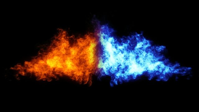Two flames (red and blue) against each other.