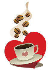 coffee cup and beans with red heart  vector graphic