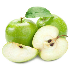 Green apple fruits and half of apple and green leaves isolated