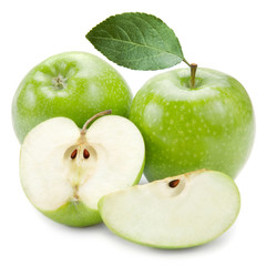 Two green apples and half of apple Isolated