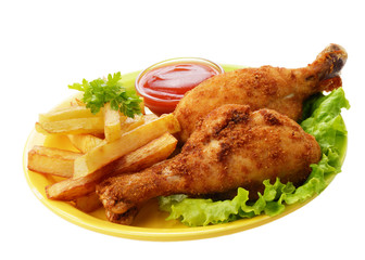 Fried drumsticks with french fries