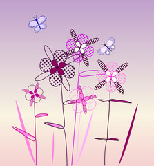 vector postcard with with spring flowers and butterflies