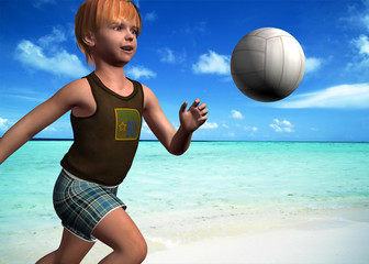 BAMBINO GIOCA CON PALLA IN SPIAGGIA - 3D