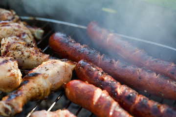 barbecue with delicious grilled meat on grill