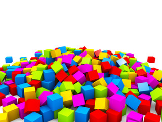 3D colorful cubes heap isolated on white background.