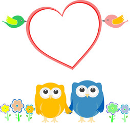 Valentine card with bird couple, owls and love heart