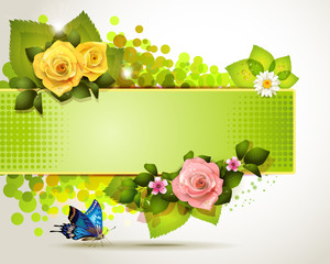 Banner design with leaf, flowers and butterfly