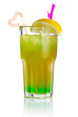 Green alcohol cocktail with lemon slice isolated on white