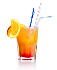 Red alcohol cocktail with orange slice isolated on white
