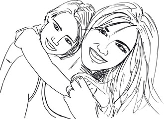Sketch of little girl having fun with her beautiful mother. Vect - 41522821