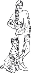 Sketch of little boy having fun with her beautiful mother. Vecto