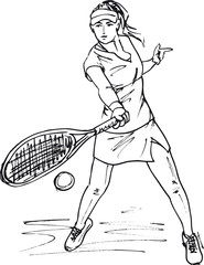 Sketch of woman with tennis racket. Vector illustration