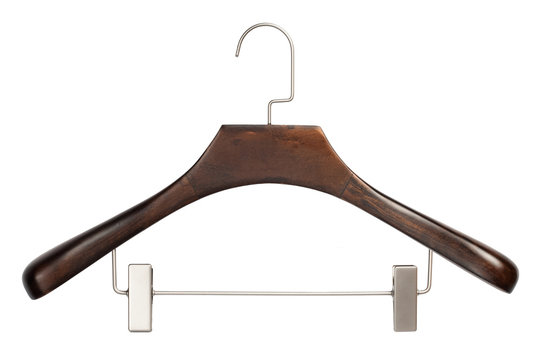 Closeup of brown wooden hanger isolated over white background