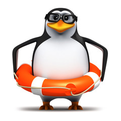 3d Penguin in glasses wearing a life ring