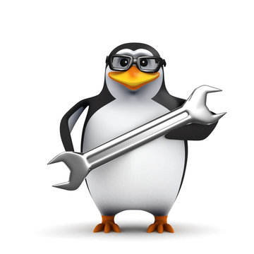 3d Penguin in glasses with a big spanner