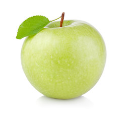 Single Green Apple with Leaf isolated on a white background