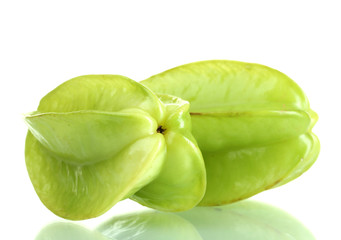 two fresh carambola fruits isolated on white