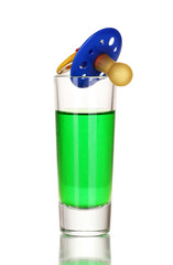 Baby dummy with alcoholic beverage isolated on white