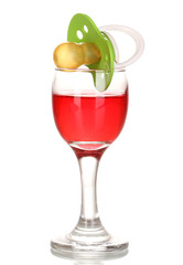 Baby dummy with alcoholic beverage isolated on white