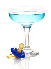Baby dummy with alcoholic beverage isolated on white