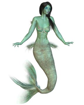Green skinned dark haired mermaid