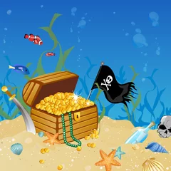 Fotobehang Piraten Vectorillustratie van een onderwater schatkist
