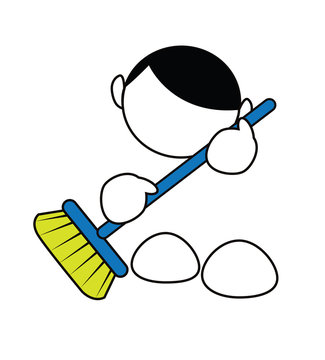 Funny cartoon boy cleaning with broom isolated on white