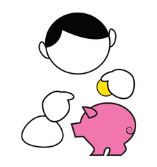 Funny cartoon boy saving money in piggybank