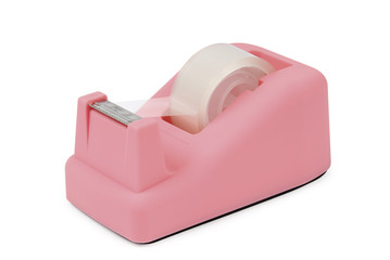 Pink sticky tape dispenser on white. Clipping path included.