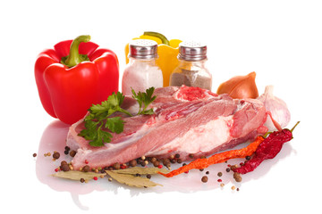Raw meat and vegetables isolated on whitе