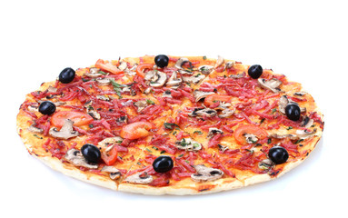 delicious pizza with vegetables and  salami isolated on white.