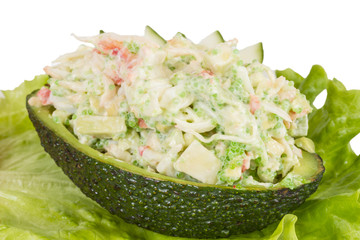 Crab meat salad with green caviar in avocado - japan cusine