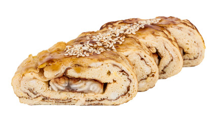 Omelet Maki Sushi - Roll made of Smoked Eel inside. Topped with